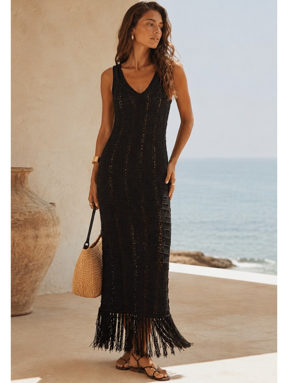 J Crew Crochet Fringe Maxi Dress NWT Black Coastal Minimalist Resort Size Small